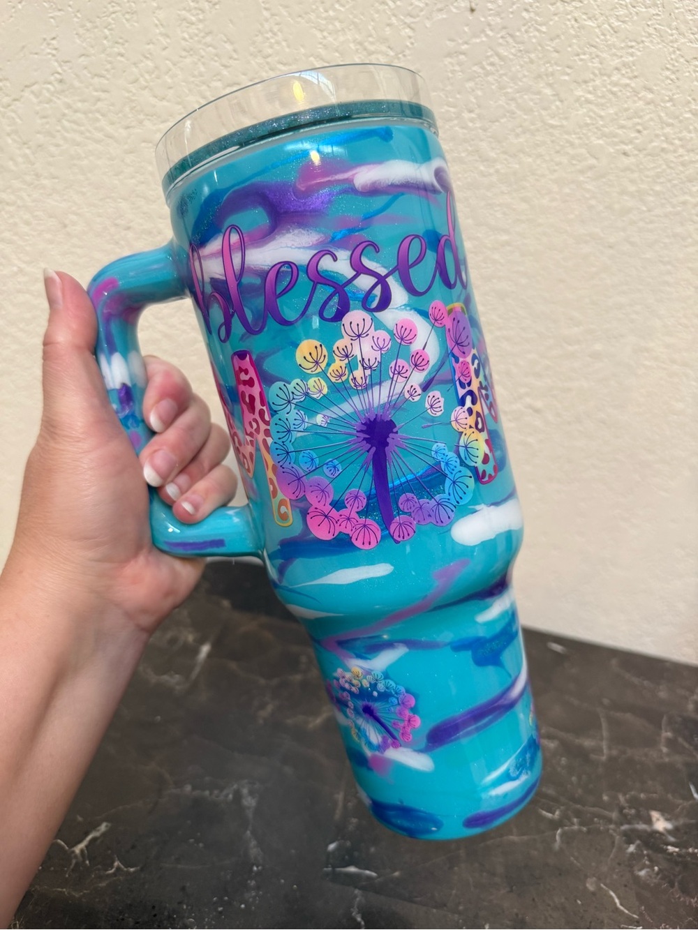 Colorful Aqua Glitter Blessed Mom Tumbler Cup 40 oz